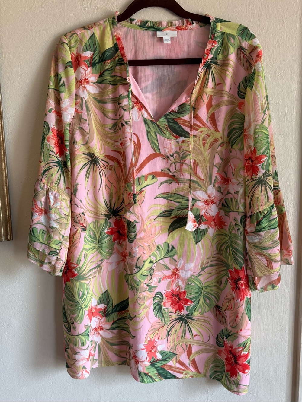 J. Jill Seashell Paradise Tropical Floral Print Chiffon Tunic Top Dress